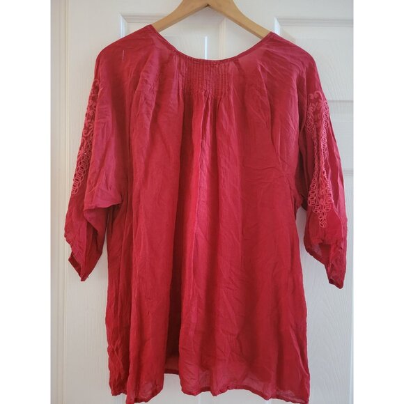 Johnny Was Red Eyelet Top lace Embroidered blouse size XL Cupro boho festival - Picture 5 of 6